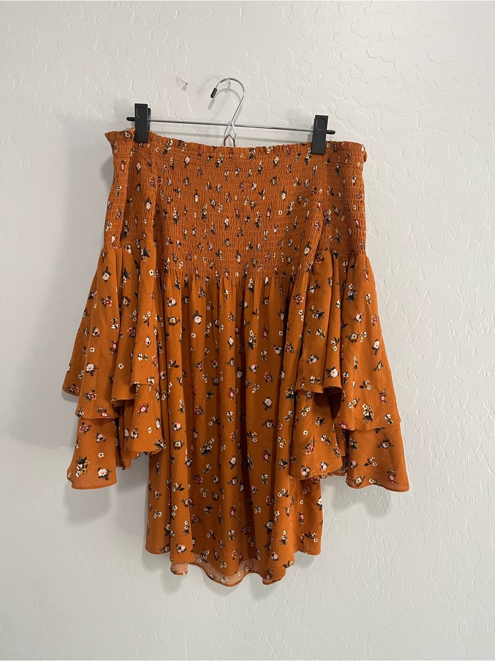 Rust Floral Smocked Off the Shoulder Mini Dress